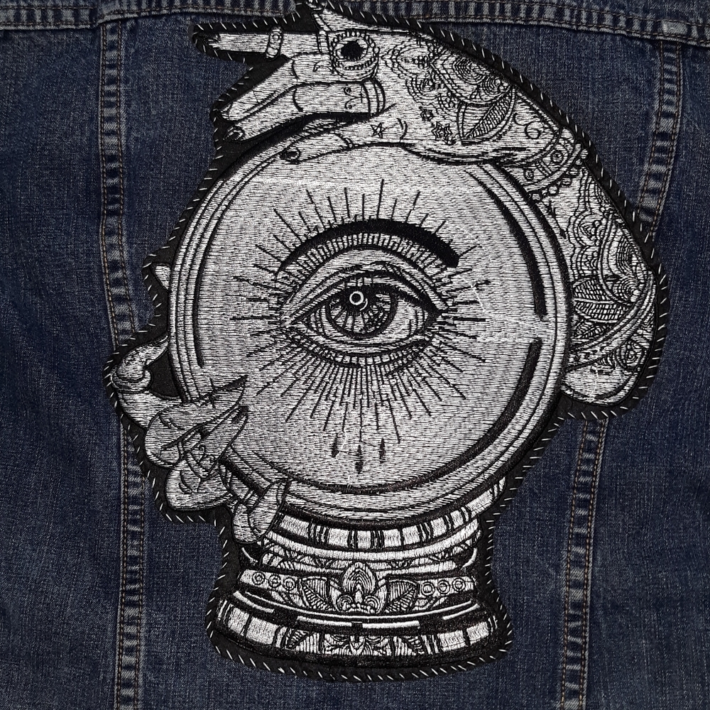 LAST 1! XXXL stunning huge crystal ball w tattooed hands IRON ON patch - Picture 4 of 12